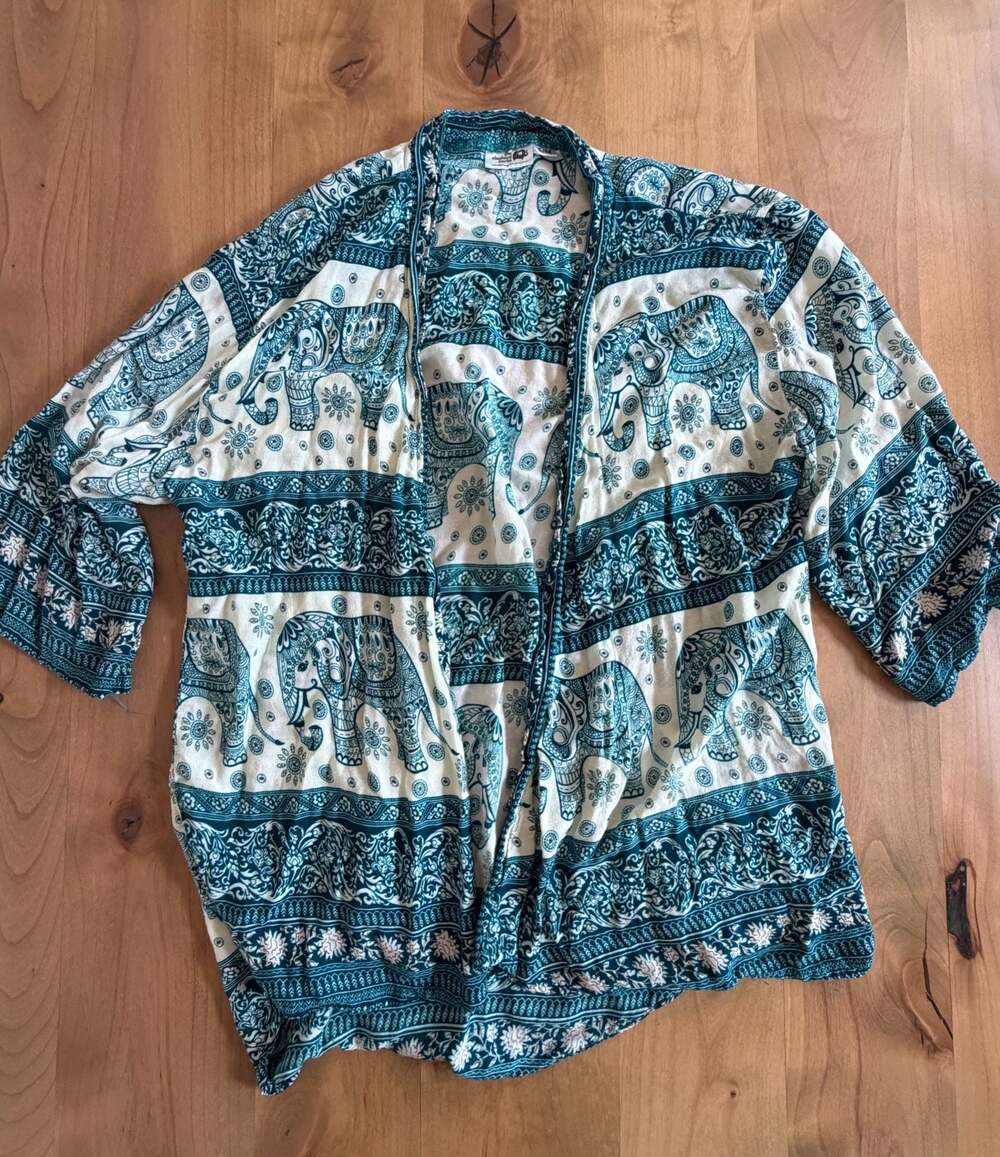 The Elephant Pants Bohemian Elephant Print Open Front Kimono Cardigan S/M